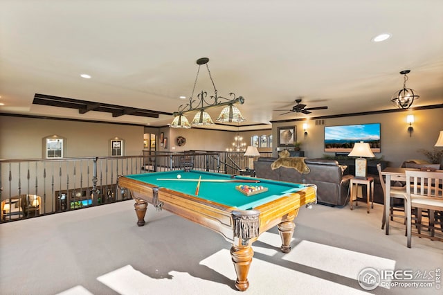 playroom featuring a ceiling fan, billiards, carpet, and recessed lighting