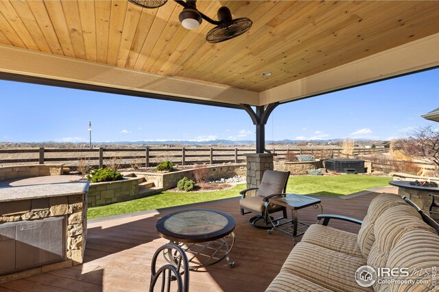 view of patio / terrace featuring an outdoor fire pit, a fenced backyard, and a deck