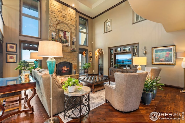 living area featuring baseboards, a fireplace, ornamental molding, a high ceiling, and wood-type flooring