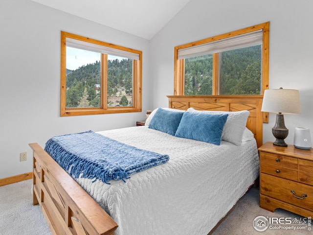 bedroom featuring baseboards, lofted ceiling, multiple windows, and carpet