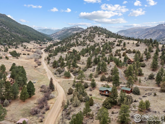 birds eye view of property featuring a mountain view and a rural view