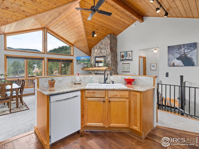 kitchen with dark wood-style flooring, beam ceiling, white dishwasher, wood ceiling, and a sink