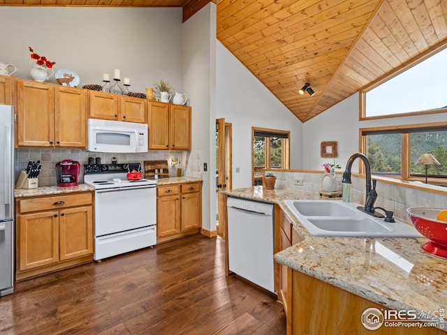 kitchen with wood ceiling, dark wood finished floors, a sink, high vaulted ceiling, and white appliances