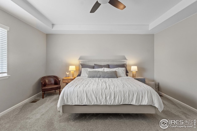 bedroom featuring a raised ceiling, carpet, and multiple windows