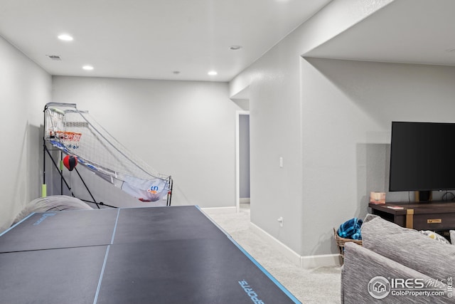 game room with carpet, recessed lighting, and baseboards