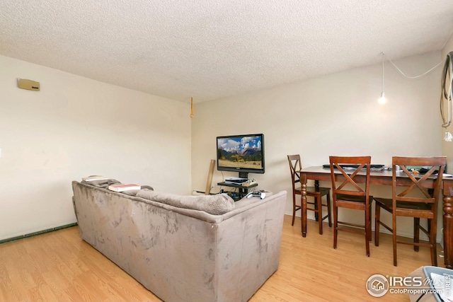 living area with light wood-style floors and a textured ceiling