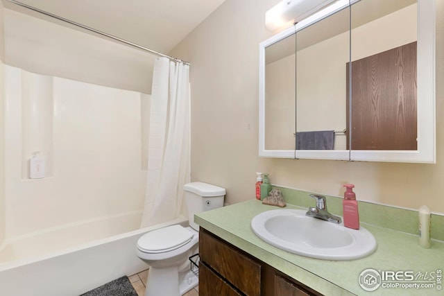 full bath with shower / bath combination with curtain, toilet, vanity, and tile patterned floors