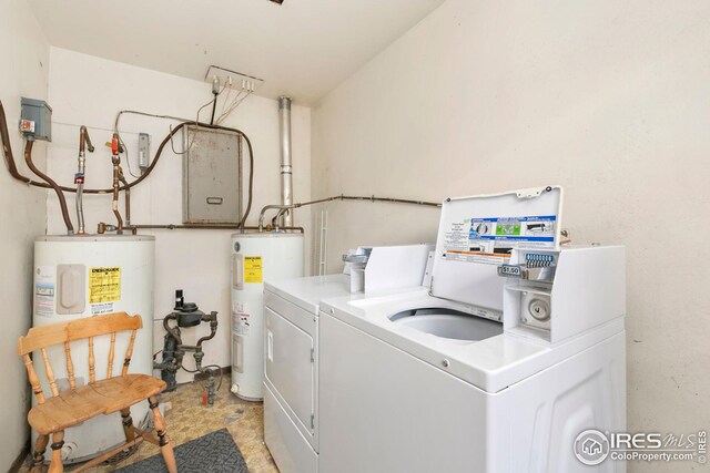 laundry room with electric water heater, laundry area, and washer and clothes dryer