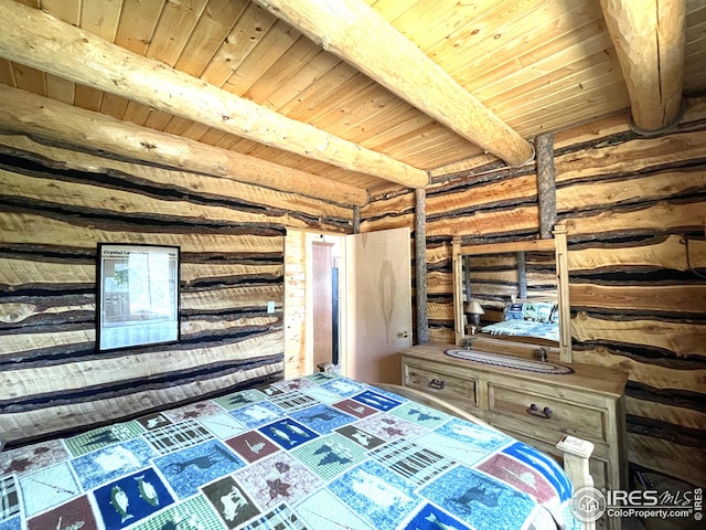 unfurnished bedroom with log walls, wood ceiling, and beam ceiling