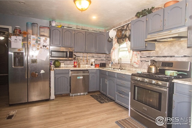 kitchen featuring gray cabinets, a sink, appliances with stainless steel finishes, under cabinet range hood, and light wood-style floors