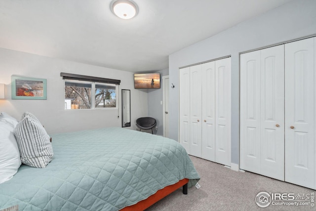 carpeted bedroom with two closets
