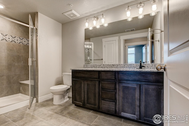 full bath with a sink, visible vents, toilet, and a shower stall