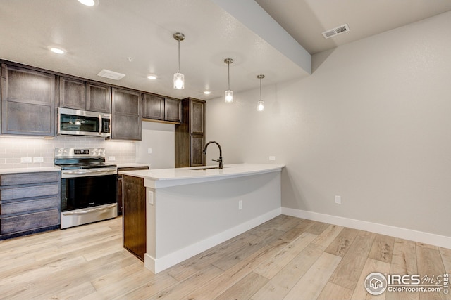 kitchen with visible vents, a sink, appliances with stainless steel finishes, light wood-style floors, and decorative backsplash