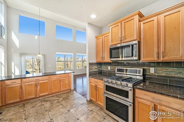 kitchen with stainless steel appliances, a high ceiling, decorative backsplash, and recessed lighting