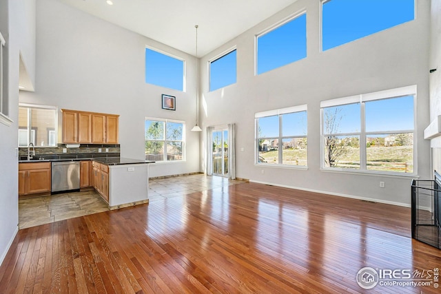 kitchen with stainless steel dishwasher, a wealth of natural light, open floor plan, and light wood finished floors