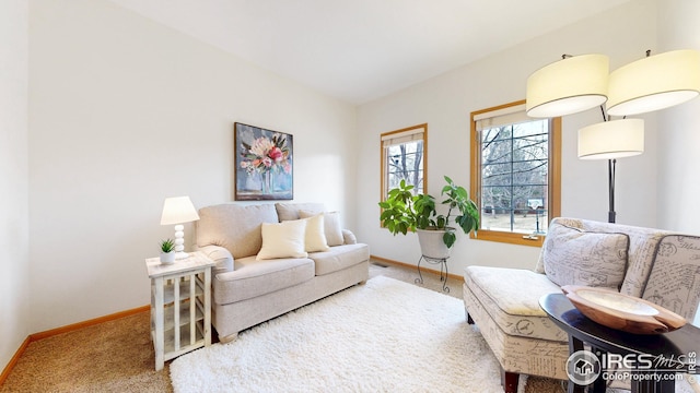 living area featuring baseboards and carpet flooring