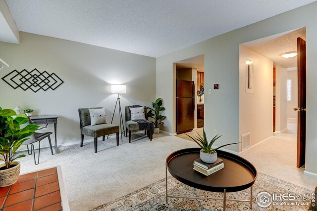 2924 Ross Dr Unit H20, Fort Collins, CO 80526 - living area featuring a textured ceiling, baseboards, visible vents, and carpet floors