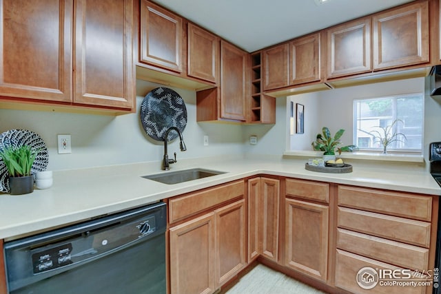 2924 Ross Dr Unit H20, Fort Collins, CO 80526 - kitchen featuring open shelves, black dishwasher, a sink, light countertops, and brown cabinetry