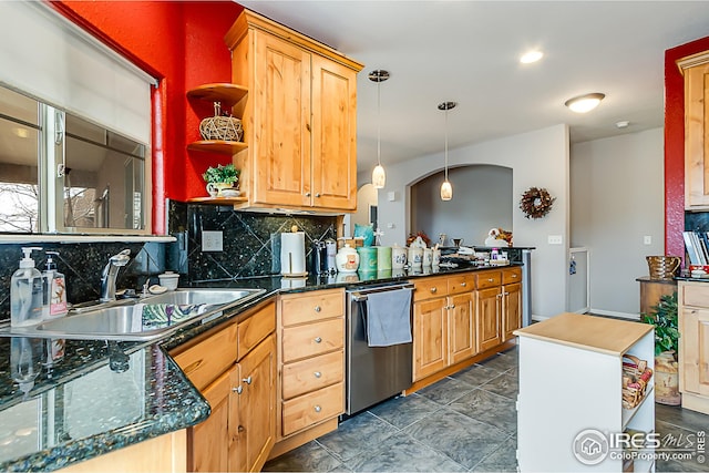 kitchen featuring dishwasher, a sink, tasteful backsplash, open shelves, and pendant lighting