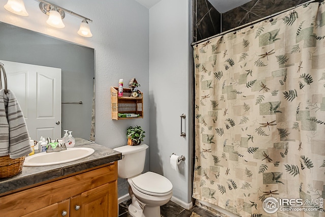 full bathroom featuring toilet, vanity, and a shower with curtain