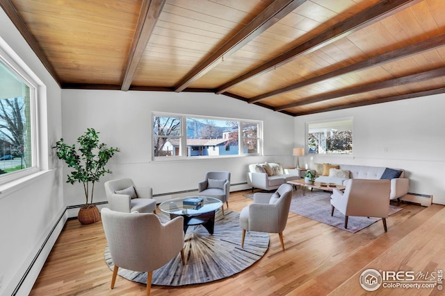 living room featuring light wood finished floors, plenty of natural light, and baseboard heating
