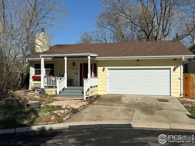2706 Balmoral Ct, Fort Collins, CO 80525 - ranch-style house with roof with shingles, an attached garage, a porch, a chimney, and concrete driveway