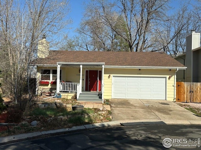 2706 Balmoral Ct, Fort Collins, CO 80525 - single story home featuring an attached garage, fence, a chimney, concrete driveway, and a porch