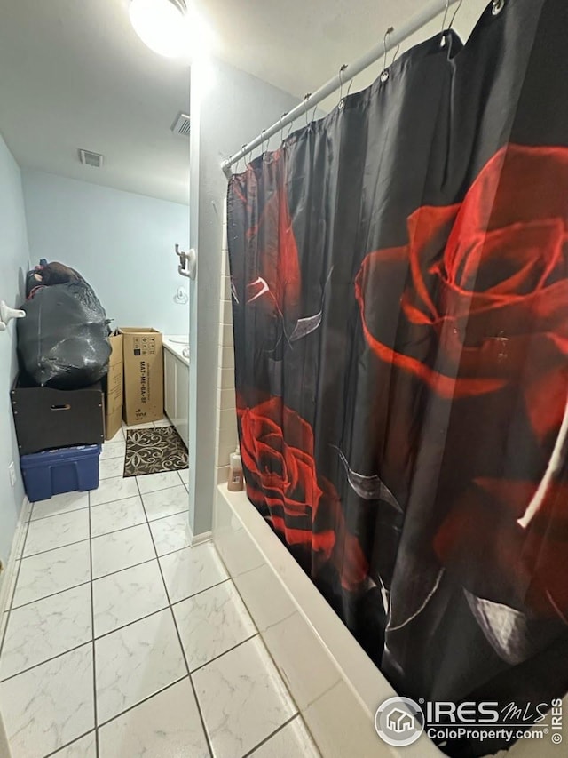 2706 Balmoral Ct, Fort Collins, CO 80525 - bathroom with vanity, visible vents, shower / tub combo, and marble finish floor