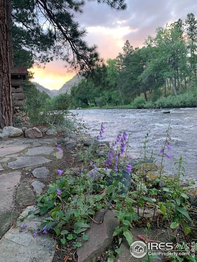 198 Poudre River Rd, Bellvue, CO 80512 - yard at dusk featuring a water and mountain view