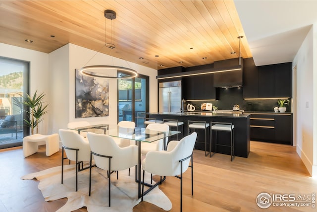 dining area featuring wood ceiling, light wood finished floors, and recessed lighting