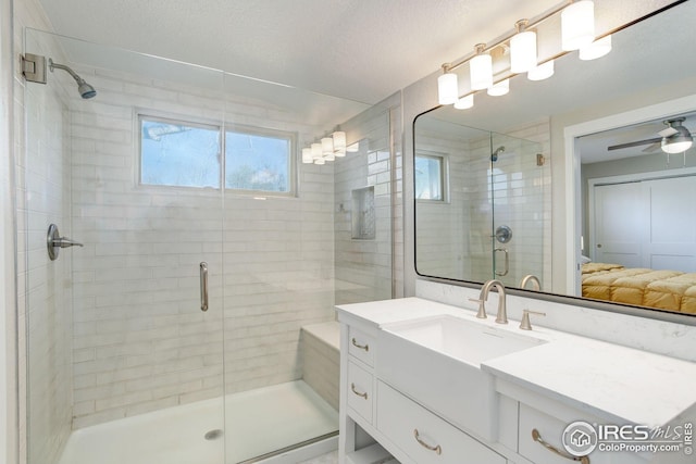 bathroom with a shower stall, a wealth of natural light, and vanity