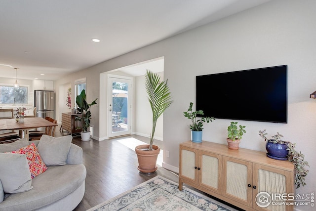 living room featuring recessed lighting, baseboards, and wood finished floors
