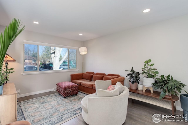 living area featuring recessed lighting, baseboards, and wood finished floors