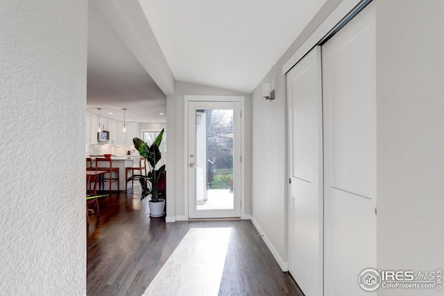 entrance foyer with baseboards, dark wood finished floors, and vaulted ceiling