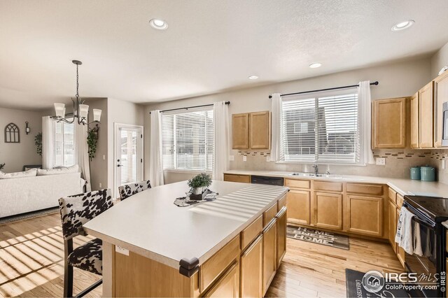 273 Mt Harvard Ave, Severance, CO 80550 - kitchen with black electric range oven, open floor plan, light wood-type flooring, light countertops, and a sink