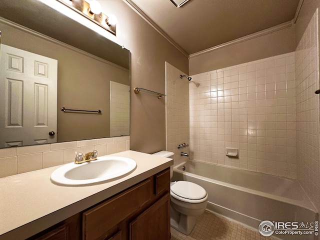 bathroom featuring crown molding, tile patterned floors, vanity, bathtub / shower combination, and toilet