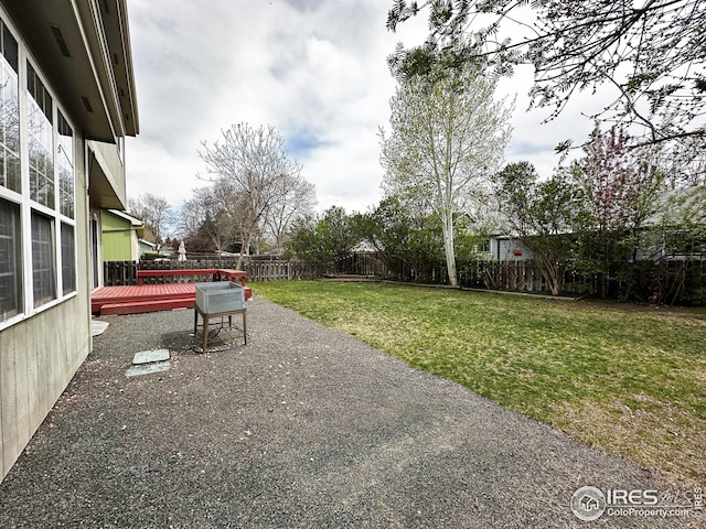 view of yard with a wooden deck and a fenced backyard