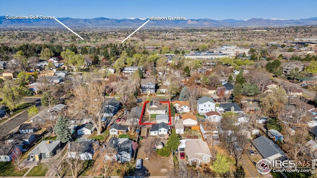 aerial view featuring a residential view and a mountain view