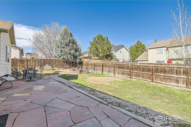 view of yard with a fenced backyard and a patio