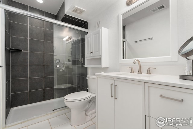 full bath featuring a shower stall, visible vents, and toilet