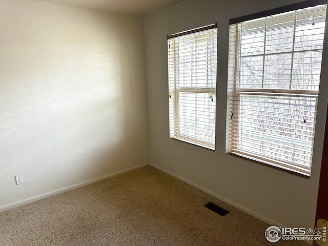 carpeted spare room with plenty of natural light, visible vents, and baseboards