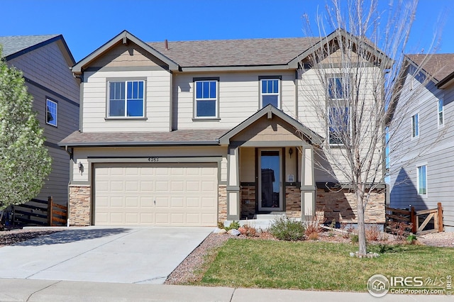 craftsman-style house with driveway, stone siding, a shingled roof, and a garage