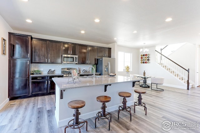 kitchen featuring a kitchen breakfast bar, a sink, light wood-type flooring, a kitchen island with sink, and appliances with stainless steel finishes