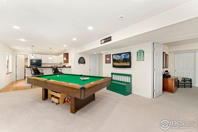 recreation room featuring light carpet, baseboards, recessed lighting, and pool table