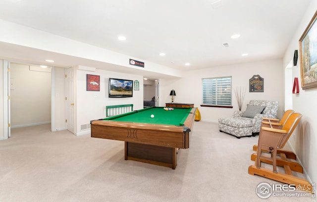 rec room with recessed lighting, billiards, baseboards, and light carpet