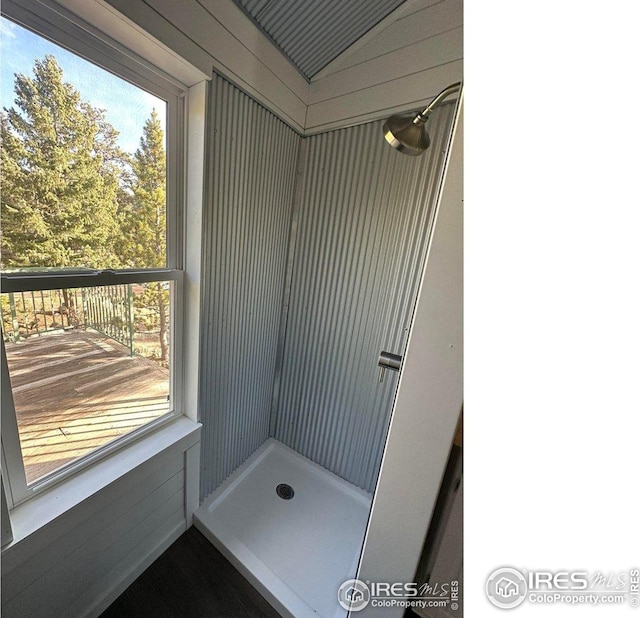 bathroom featuring wooden walls and a stall shower