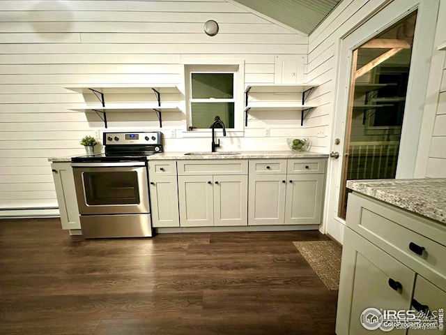 kitchen featuring a sink, stainless steel range with electric stovetop, lofted ceiling, dark wood-style flooring, and light stone countertops