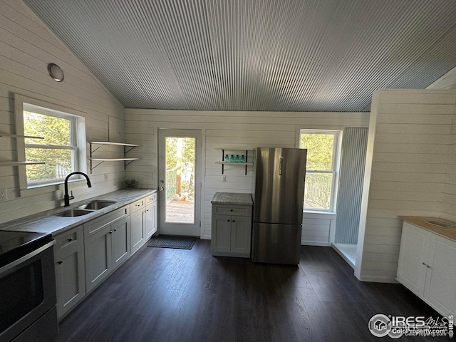 kitchen featuring open shelves, lofted ceiling, a sink, and appliances with stainless steel finishes