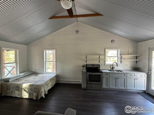 kitchen featuring open shelves, plenty of natural light, a sink, and stainless steel range with electric stovetop