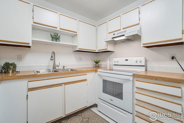 kitchen with light countertops, white electric stove, under cabinet range hood, and a sink